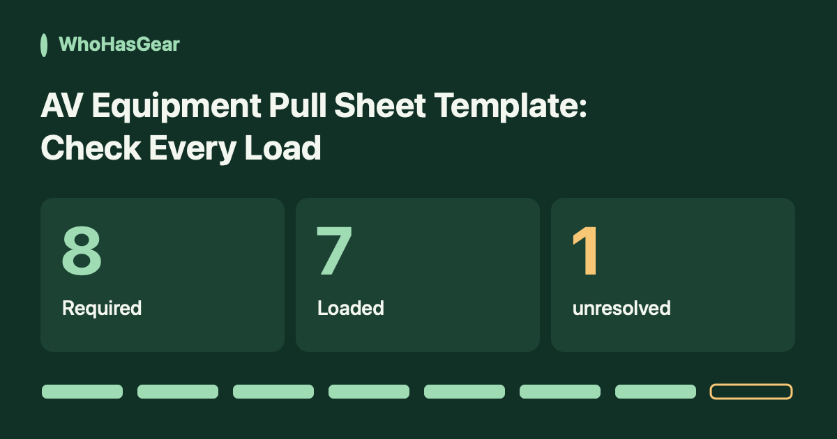 WhoHasGear AV pull sheet example: eight cables required, seven loaded, one unresolved