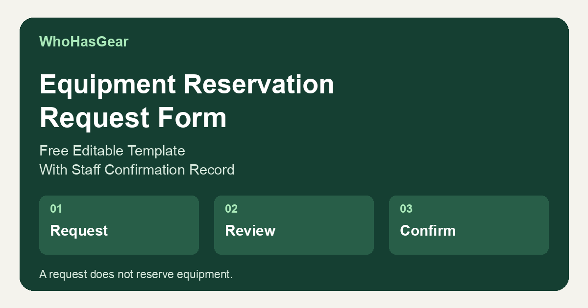 WhoHasGear Equipment Reservation Request Form: free editable template with staff confirmation record; request, review, confirm; a request does not reserve equipment